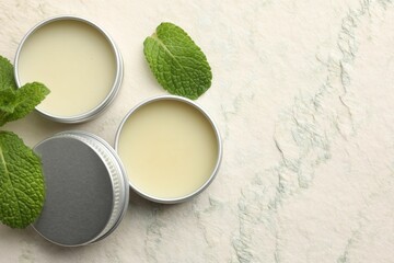 Mint lip balms and green leaves on beige textured background, flat lay. Space for text