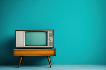 Vintage monochrome television set on a wooden stand against a vibrant turquoise background in a...