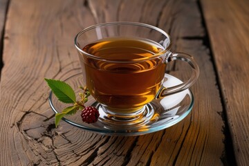 clear glass cup tea with steam hot , with peppermint leave placed on side 