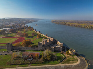 Fototapeta premium Ancient fortress Smederevo on the banks of the Danube in Serbia - drone aerial shot