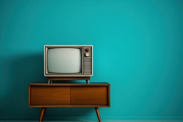 Vintage monochrome television set displays retro design against a vibrant turquoise wall in a...