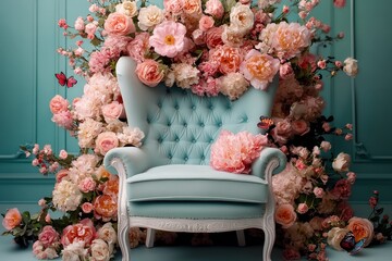 Turquoise armchair surrounded by pastel pink flowers and butterflies in a serene indoor setting during daylight