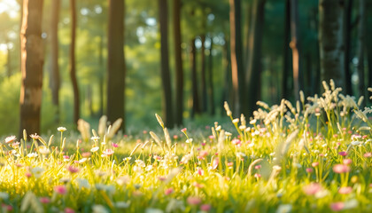 Obraz premium Dreamy forest image, blooming meadow and pastel bokeh lights isolated with white highlights, png