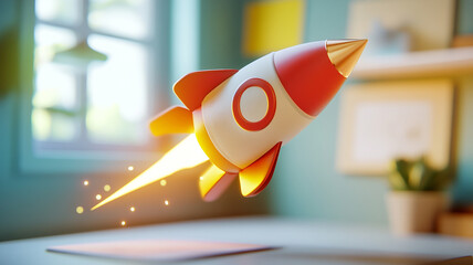 Colorful rocket launching in a bright room with vibrant decor