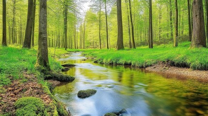 Fototapeta premium Serene Stream Flowing Through Lush Green Forest with Vibrant Foliage and Calm Reflections Under Soft Natural Light in Early Spring Season