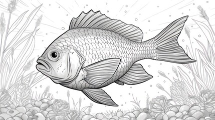 Fototapeta premium Monochrome illustration of a fish swimming in aquatic plants.