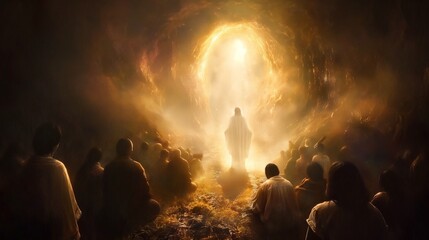 Jesus surrounded by followers, under the shining light of the heavenly portal