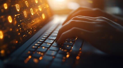 Hands Typing on a Laptop Keyboard with Digital Security Icons and Data Streams Illuminating the Background in a Dimly Lit Environment