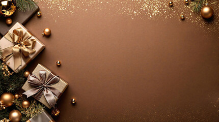 Christmas background with gift boxes wrapped in gold and brown paper, decorated with ribbons and ornaments on a brown background. Perfect for holiday cards, banners, or festive-themed projects.