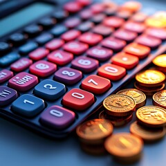 A calculator beside a pile of coins, symbolizing financial calculations.