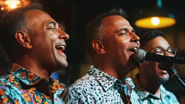 Friends singing karaoke together at a bar