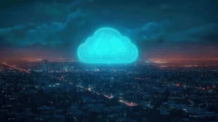 Futuristic Cloud Technology Visualizing Data Over a Cityscape at Night with Neon Blue Glow and Digital Connection Aesthetic