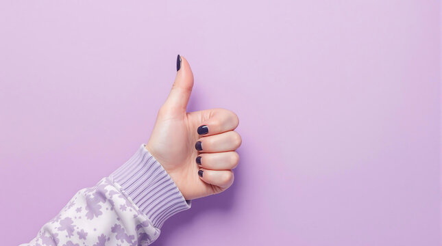 Woman's hand with dark nail polish giving a thumbs up gesture against a purple background. Ideal for expressing approval, agreement, or positivity. - Powered by Adobe