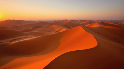 Experience the breathtaking beauty of the Namib Desert at sunset, where sharp-ridged dunes meet the horizon in a stunning orange glow.
