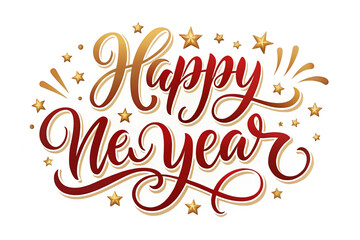 Elegant red and gold Happy New Year calligraphy with stars.