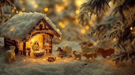 A heartwarming nativity scene, nestled in a snow-covered stable, bathed in warm, golden light. The scene evokes peace and serenity.