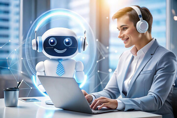 Smiling businesswoman using laptop, assisted by friendly AI robot.