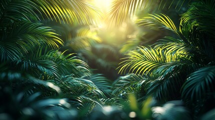 Lush tropical foliage with sunlight filtering through palm leaves.