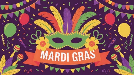 Vibrant Mardi Gras Celebration Featuring Green Masquerade Mask with Colorful Feathers, Balloons, Confetti, and Festive Decorations in Playful Cartoon Style
