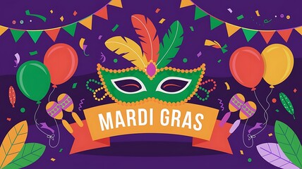 Vibrant Mardi Gras Celebration Featuring Green Masquerade Mask with Colorful Feathers, Balloons, Confetti, and Festive Decorations in Playful Cartoon Style