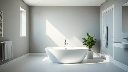 Modern minimalist bathroom design with freestanding bathtub, radiant floor heating, and natural light