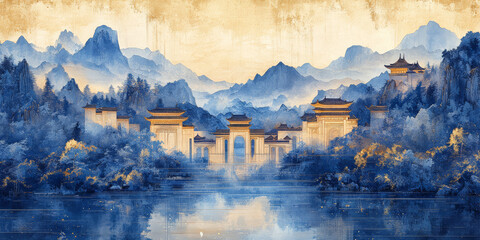 Fototapeta premium Traditional Chinese style of minimalist landscape painting art background