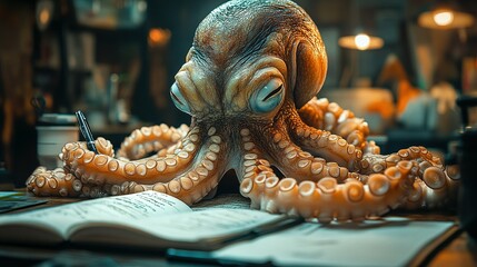 Octopus Studying Notes on Desk at Night
