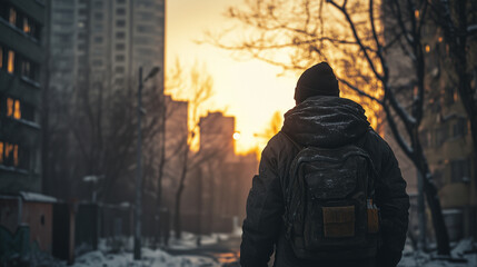 A person wearing a backpack walks through a snowy cityscape at sunrise, framed by high-rise buildings and bare trees