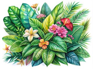 Obraz premium Botanical Watercolor Illustration of a Green Plant with Flowers and Broad Leaves