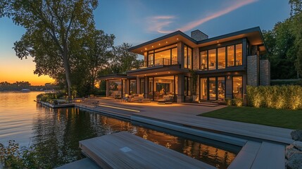 Obraz premium Modern lake house at sunset, illuminated interior, pool, dock.