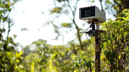A cutting-edge AI-driven wildlife monitoring station, outdoor setting with advanced cameras and sensors, Environmental style