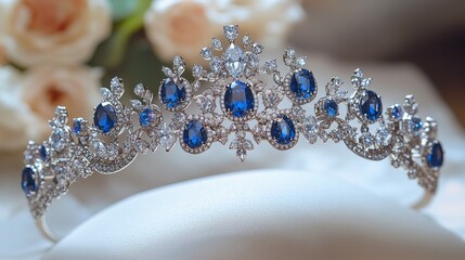 A silver tiara adorned with sapphires and diamonds on a white background.