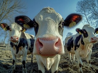 Low-angle view of cows under blue sky, agricultural scenery inspiration, peaceful farm lifestyle and countryside animals.