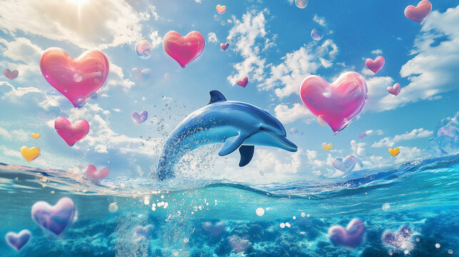 A landscape with dolpin flying in the air from the top of sea surface, sky with heart shaped balloons.
