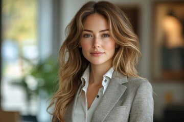 A woman with long brown hair and a white shirt is posing for a picture. Generative AI