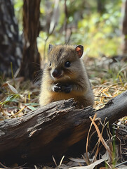 Obraz premium cute quokka baby sits on log in lush forest, surrounded by greenery and soft sunlight. This adorable creature captures essence of nature beauty and tranquility