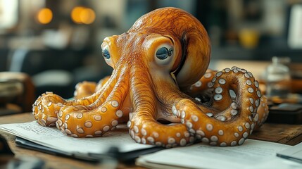 Naklejka premium A Curious Octopus Rests On Papers Nearby