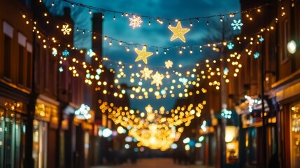 Magical nighttime scene of a city street adorned with twinkling lights and stars, creating a festive atmosphere.