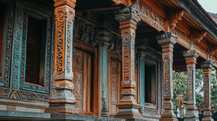 Intricate carvings adorn the wooden pillars and walls of an ancient building, showcasing detailed craftsmanship and cultural heritage.