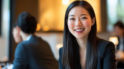 A woman with long black hair is smiling at the camera. Generative AI