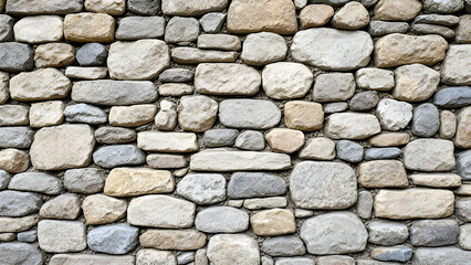 A closeup image showcases a wall constructed from various sizes and shades of gray, beige, and brown cobblestones. The stones are irregularly shaped and fitted together tightly, creating a rustic and 