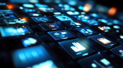 Modern Digital Interface with Colorful Icons Displayed on a Grid in a Futuristic Neon Style, Representing Technology, Communication, and Data Visualization Trends