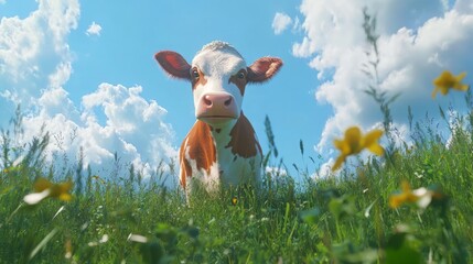 An interesting brown cow with white spots stands on a green pasture under a blue sky, view from below