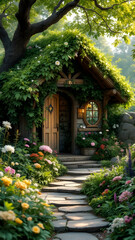 Fototapeta premium A whimsical cottage, nestled amongst vibrant flowers and greenery, features a stone path leading to its ivycovered roof and charming wooden door. Sunlight filters through the leaves.