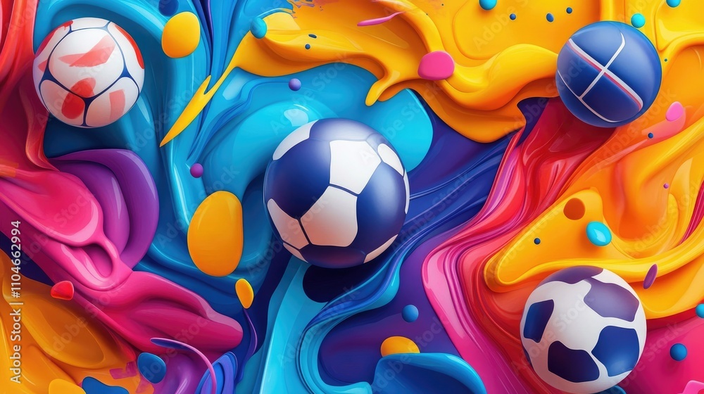 Poster a colorful abstract fluid background with multiple sport balls scattered across in a vibrant composi