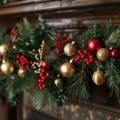 Obraz premium A festive garland adorned with red and gold ornaments, pine needles, and berries, perfect for holiday decorating.