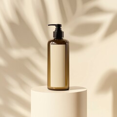 Fototapeta premium a shampoo bottle is displayed under stage lighting, set against a light beige background, with lovely lighting and shadows filtering in from the window. 