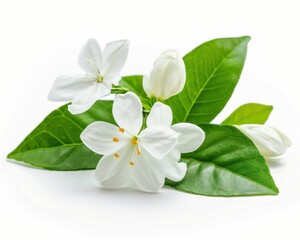 Obraz premium Delicate white flowers bloom among vibrant green leaves, creating a fresh and serene botanical arrangement.