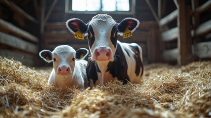 Here's a possible  and keyword list for your stock photo.. Cow and calf resting in hay-filled barn stall.