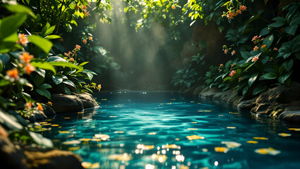 Fototapeta premium Sunlit stream flows through vibrant jungle. Teal water reflects light. Orange flowers bloom amidst lush green leaves and rocks. Peaceful, idyllic scene.